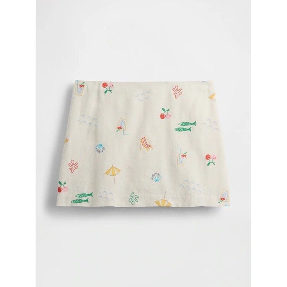 Gap Linen-Blend Mini Skort featuring colorful tropical embroidery